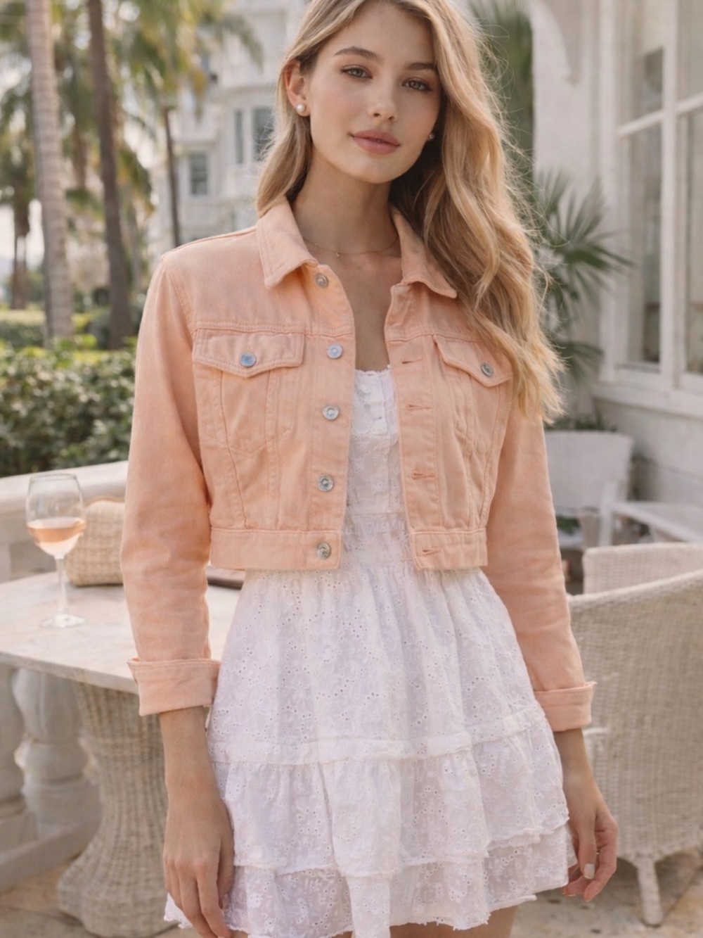 7 For All Mankind Cropped Denim Jacket XS Peach Pink Trucker NWT Y2K Barbiecore